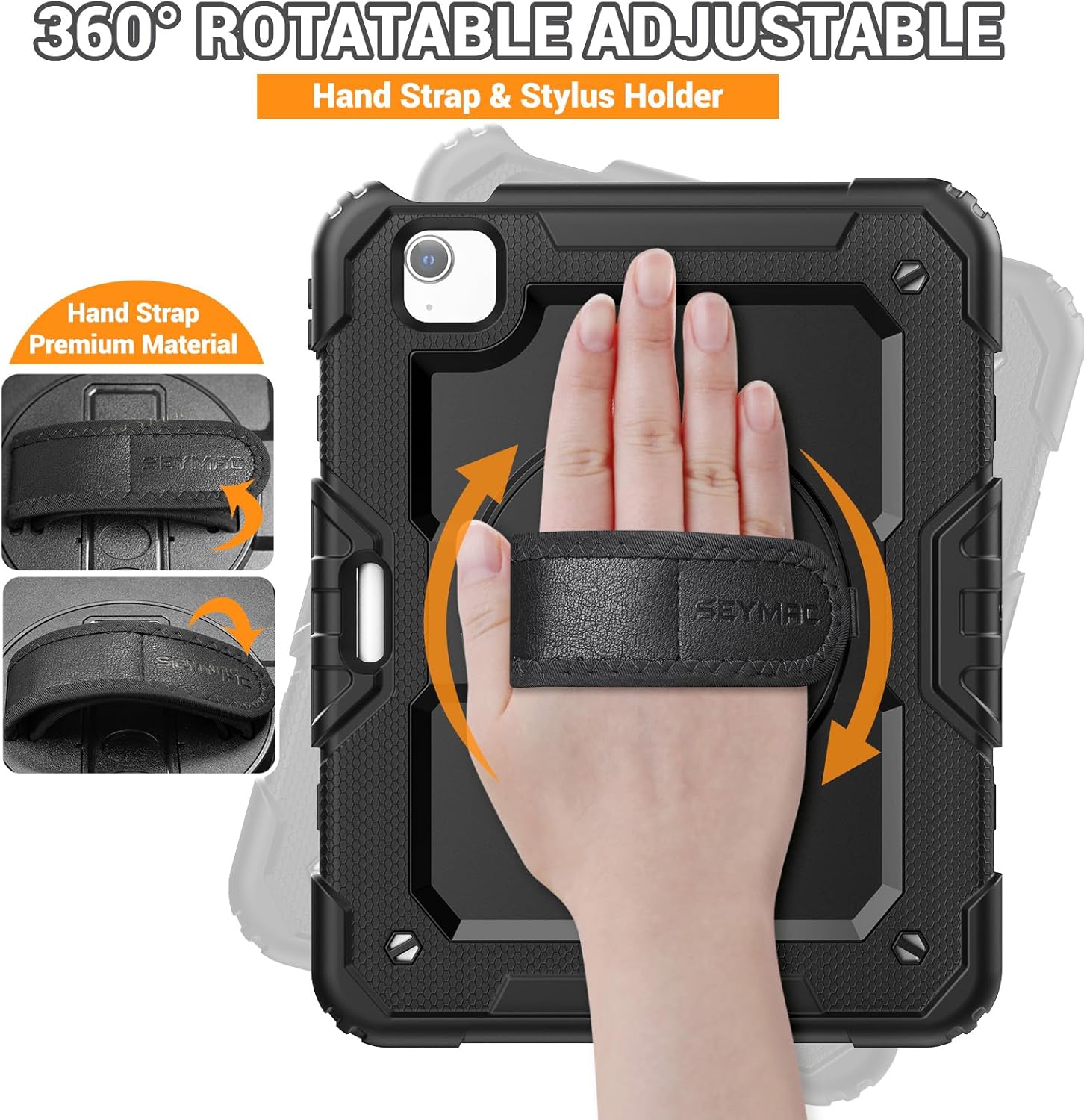 SEYMAC for iPad Air 5th/ 4th Generation Case 10.9 Inch, Full-Body Shockproof Protective Case with Screen Protector, Rotating Stand/Handle/Shoulder Strap/Pencil Holder for iPad Air 5/ Air 4, Black