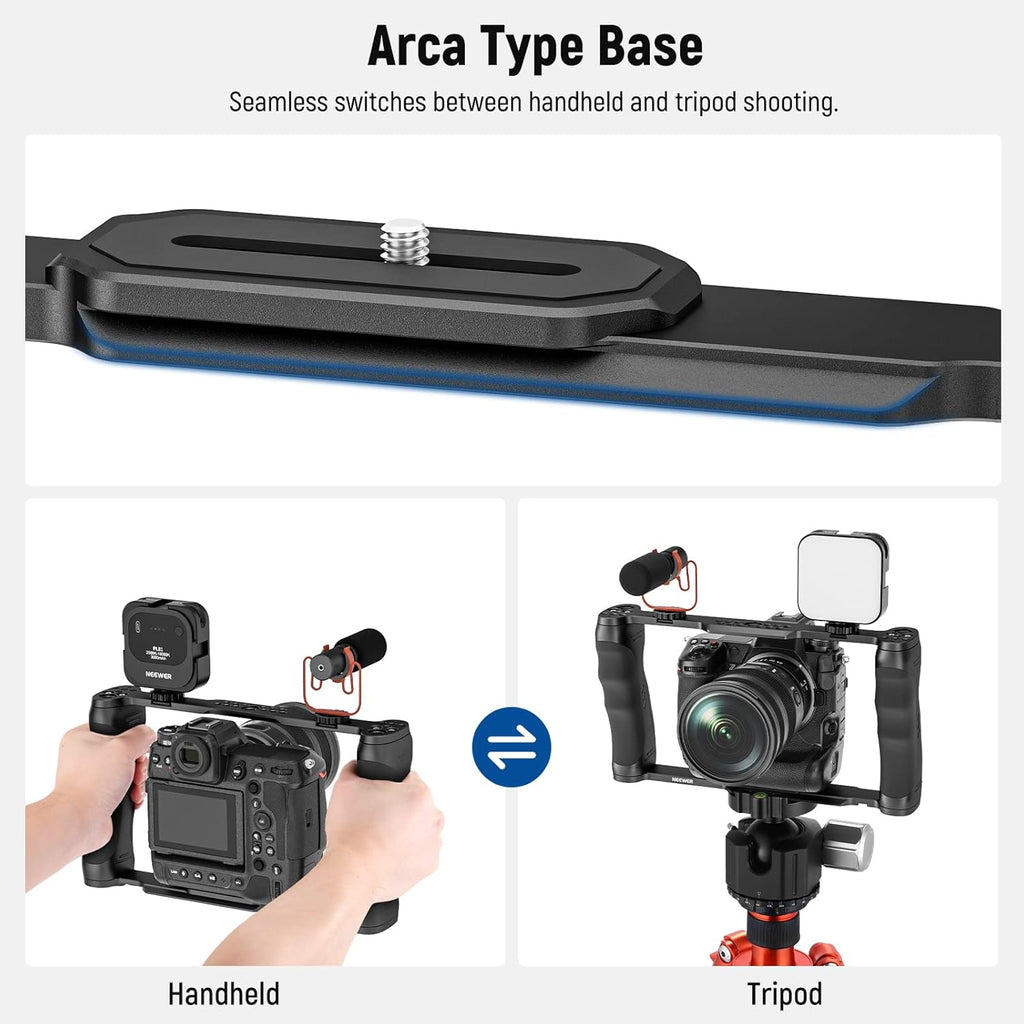 NEEWER Video Camera Cage Rig with Arca Type Base/Dual Grips/Expansion Holes/15mm Rods, Universal Stabilizer Compatible with Sony Canon Nikon DSLR/DSLM, Compatible with SmallRig Accessories, CA016