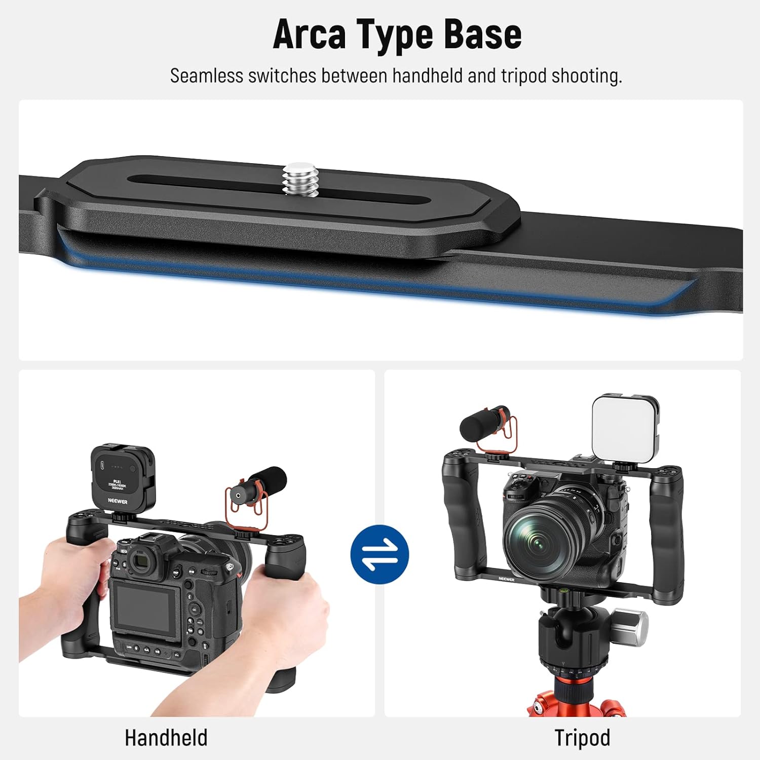NEEWER Video Camera Cage Rig with Arca Type Base/Dual Grips/Expansion Holes/15mm Rods, Universal Stabilizer Compatible with Sony Canon Nikon DSLR/DSLM, Compatible with SmallRig Accessories, CA016