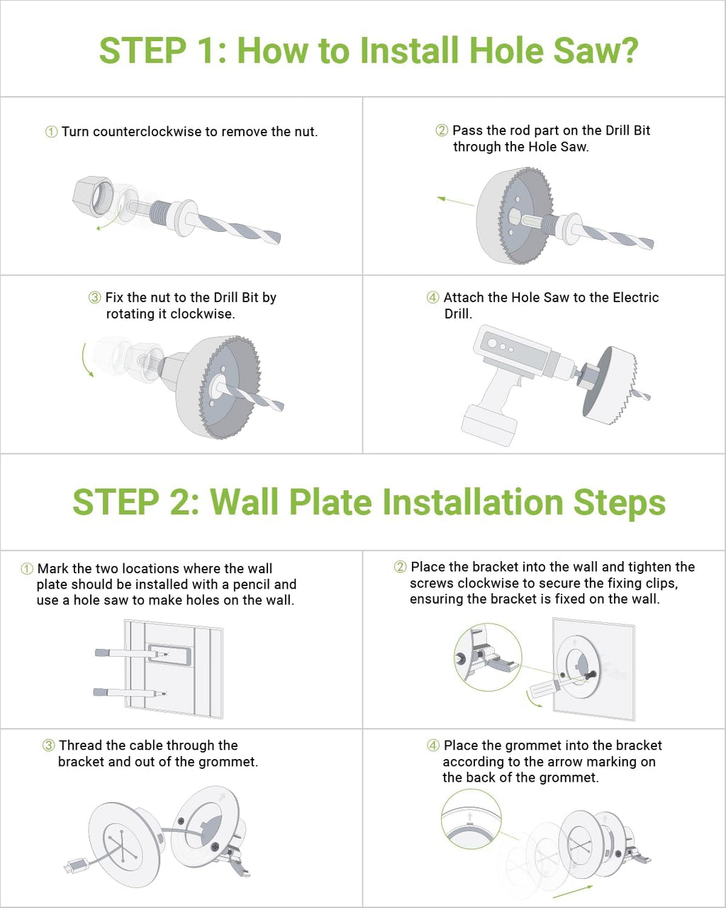 in Wall Cable Management Kit, Slim TV Wire Hider Kit for Wall Mounted TV, 2 Pcs Pass Through with Hole Saw for Network, HDMI, Speaker Cables, Coaxial, White