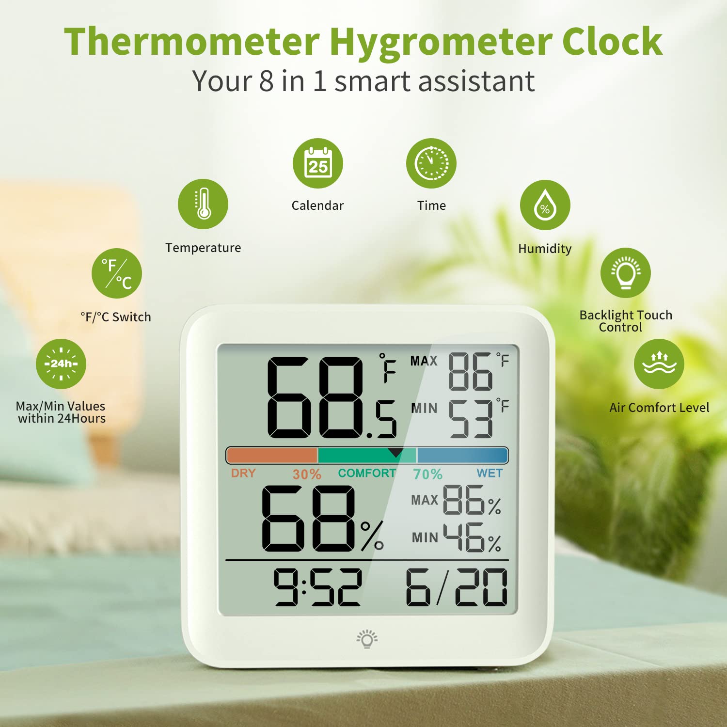 Indoor Thermometer Room Temperature Home Hygrometer Humidity Gauge, Accurate with Calibration, Backlight, Air Comfort Indicator, 24H Max Min Records, Time, Date (AAA Batteries Included)