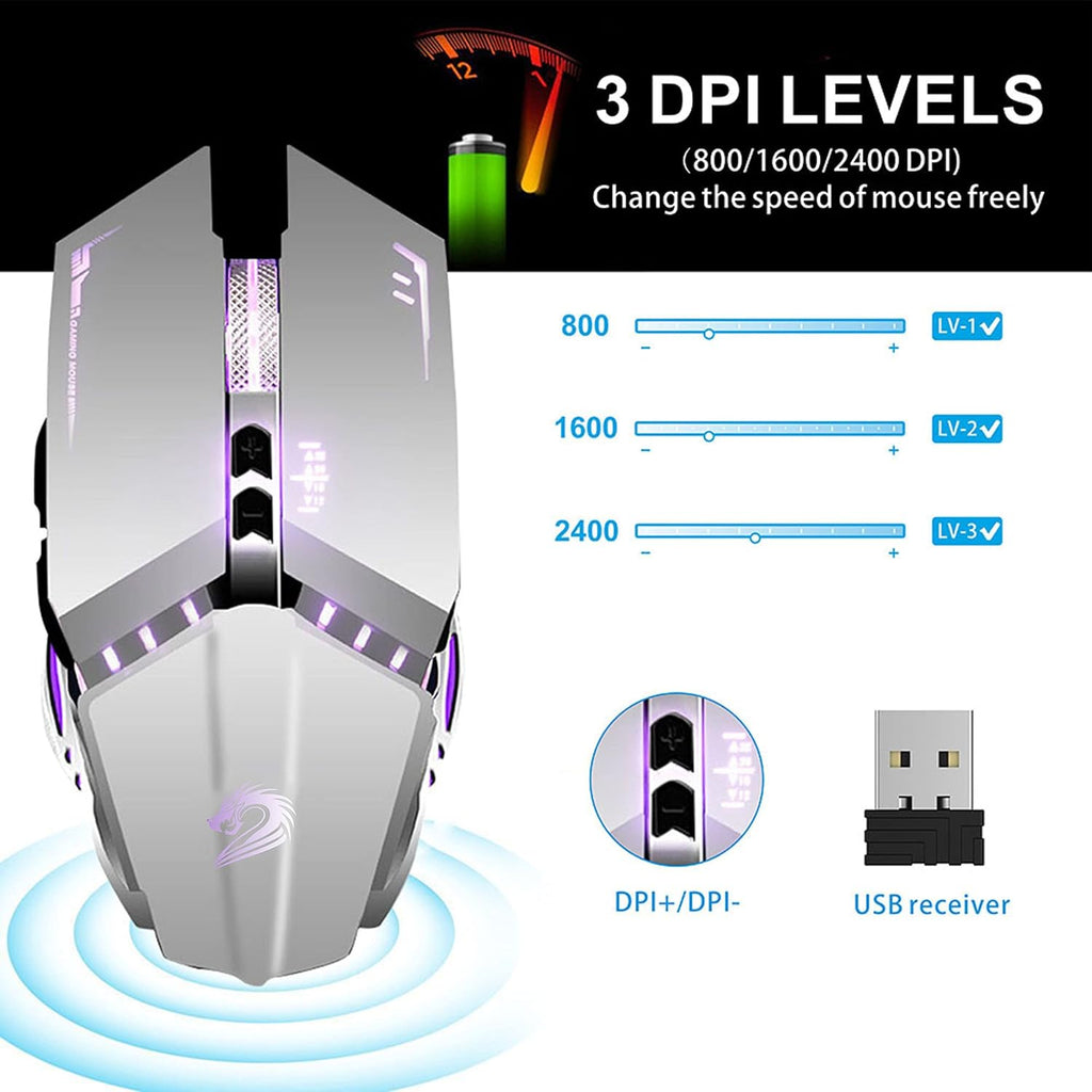 TENMOS T12 Wireless Gaming Mouse Rechargeable, 2.4G Silent Optical Wireless Computer Mice with Changeable LED Light for Laptop PC, 7 Buttons, 3 Adjustable DPI (Silver)