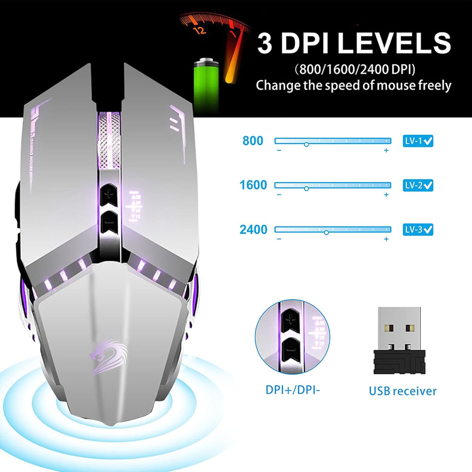 TENMOS T12 Wireless Gaming Mouse Rechargeable, 2.4G Silent Optical Wireless Computer Mice with Changeable LED Light for Laptop PC, 7 Buttons, 3 Adjustable DPI (Silver)