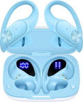 PocBuds Bluetooth Headphones Wireless Earbuds 80hrs Playtime Wireless Charging Case Digital Display Sports Ear Buds with Earhook Deep Bass IPX7 Waterproof Over-Ear Earphones for TV Phone Laptop Blue