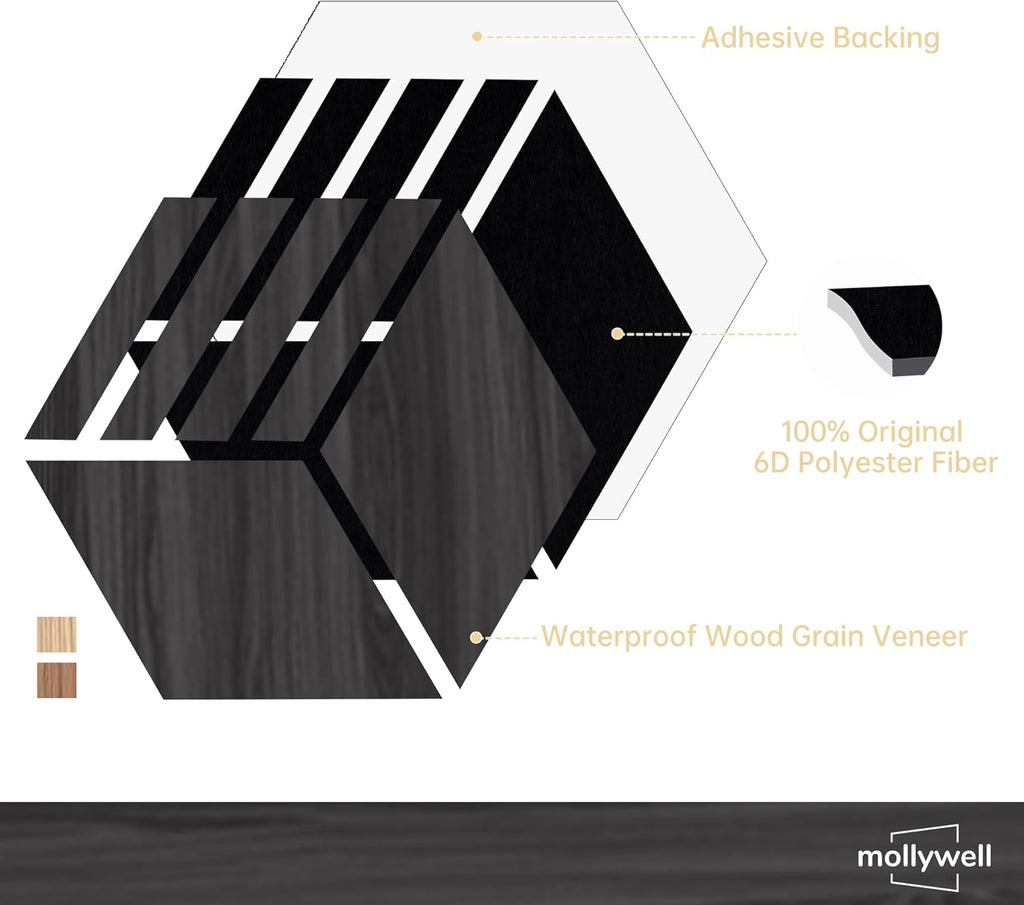 Mollywell Hexagon Acoustic Panels, Black Oak S4, 14x12x0.4 Inch, 12 Pack |Wood Veneer|High Density Sound Proofing Wall Panels|Self Adhesive Sound Dampening Felt Wall Tiles|Home Theater|Gaming Room|