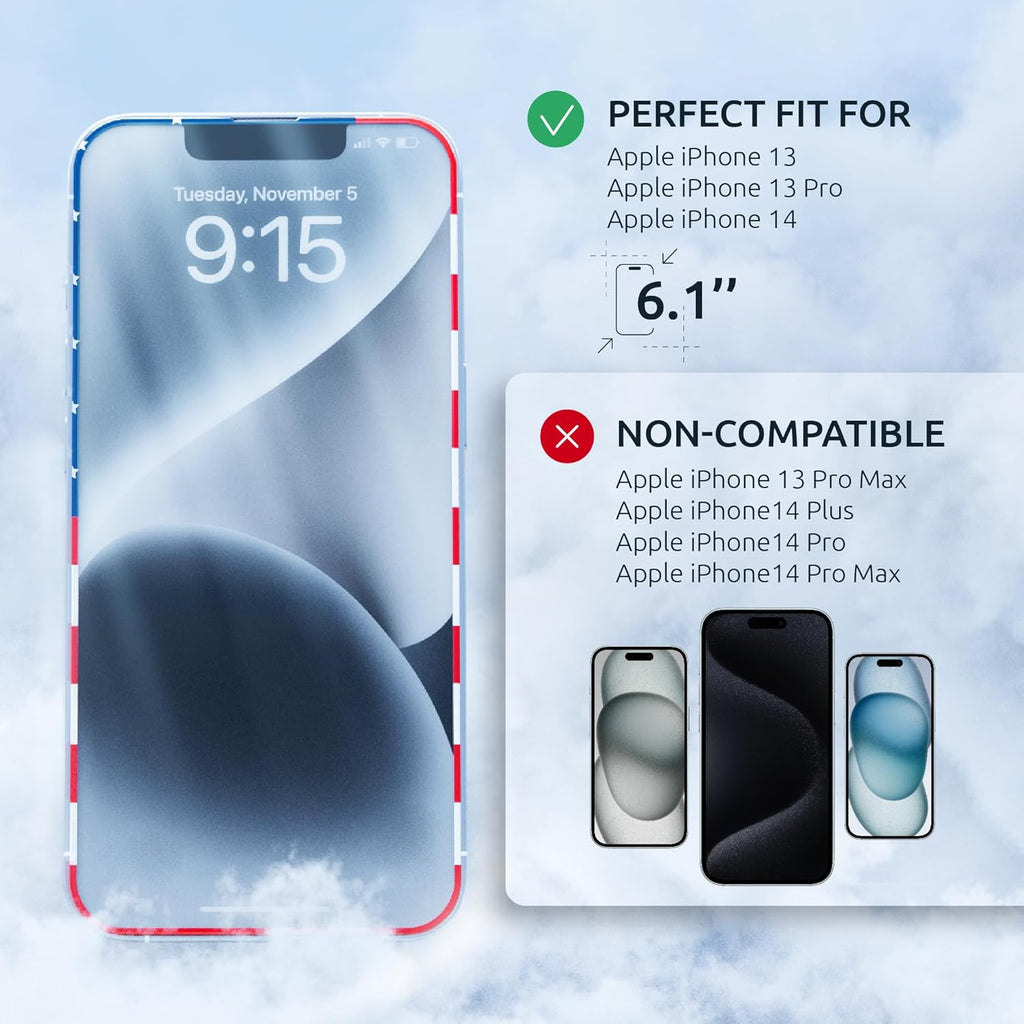 Screen Protector for iPhone 16e/14/13Pro/13-2 Pack (USA Flag Design and Black) - 9H Hardness, Oleophobic Coating, Easy Installation - Tempered Glass Screen Protector for iPhone 14
