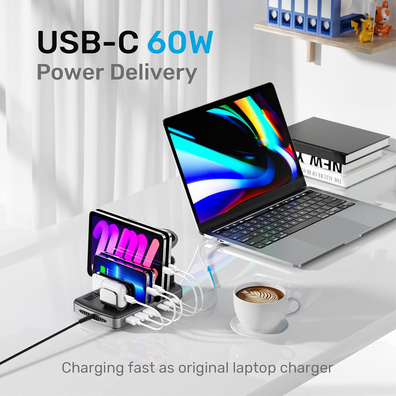 Unitek USB C Charging Station for Multiple Devices Apple, 120W 6 Port Charging Dock with Type-C PD 20W & PD 60W, Fast Charging Stand with Smartwatch & Airpods Holder for iPhone, iPad, Tablet, MacBook