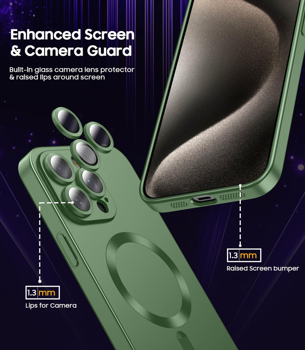 Magnetic for iPhone 15 Pro Max Case [Compatible with MagSafe][Built-in Camera Lens Protector] Slim Soft Silicone Bumper Shockproof Metallic Luster Phone Case (Green)