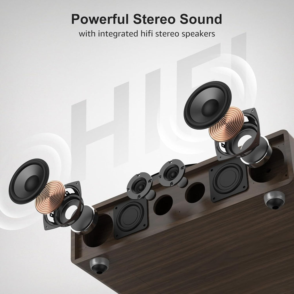 Vinyl Record Player Built in HiFi Stereo Speakers BT Wireless Input Belt Drive Iron Platter Turntables for Vinyls Records with MM Audio AT-3600L Cartridge Soft Warm Light Design Wooden Cream Brown