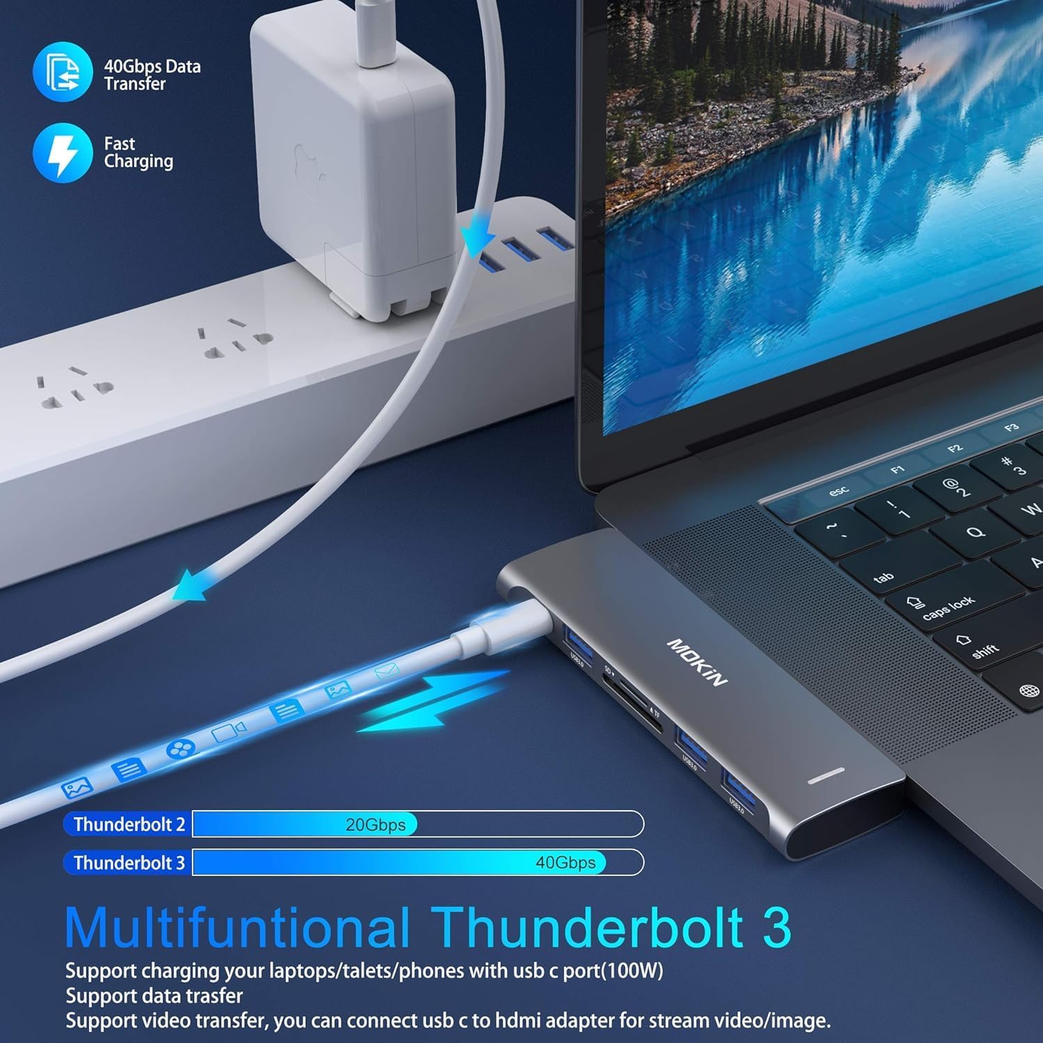 USB C Adapter for MacBook Pro/Air M1 M2 2021 2020 2019 2018,MOKiN Hub MacBook Pro Accessories with 3 USB 3.0 Ports,USB C to SD/TF Card Reader and 100W Thunderbolt 3 PD Port