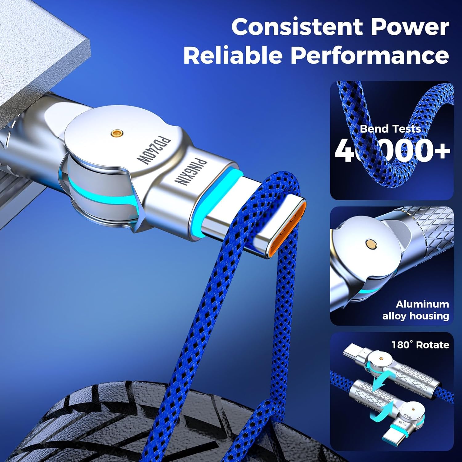 USB C to USB C Cable 10FT 240W, 180°Rotating USB C Cable Braided Type C Charger Cable Fast Charge for iPhone 16/16Pro/16Plus/16ProMax,MacBook Air,iPad Pro,Pixel,Samsung Galaxy S23/S24Ultra-Blue