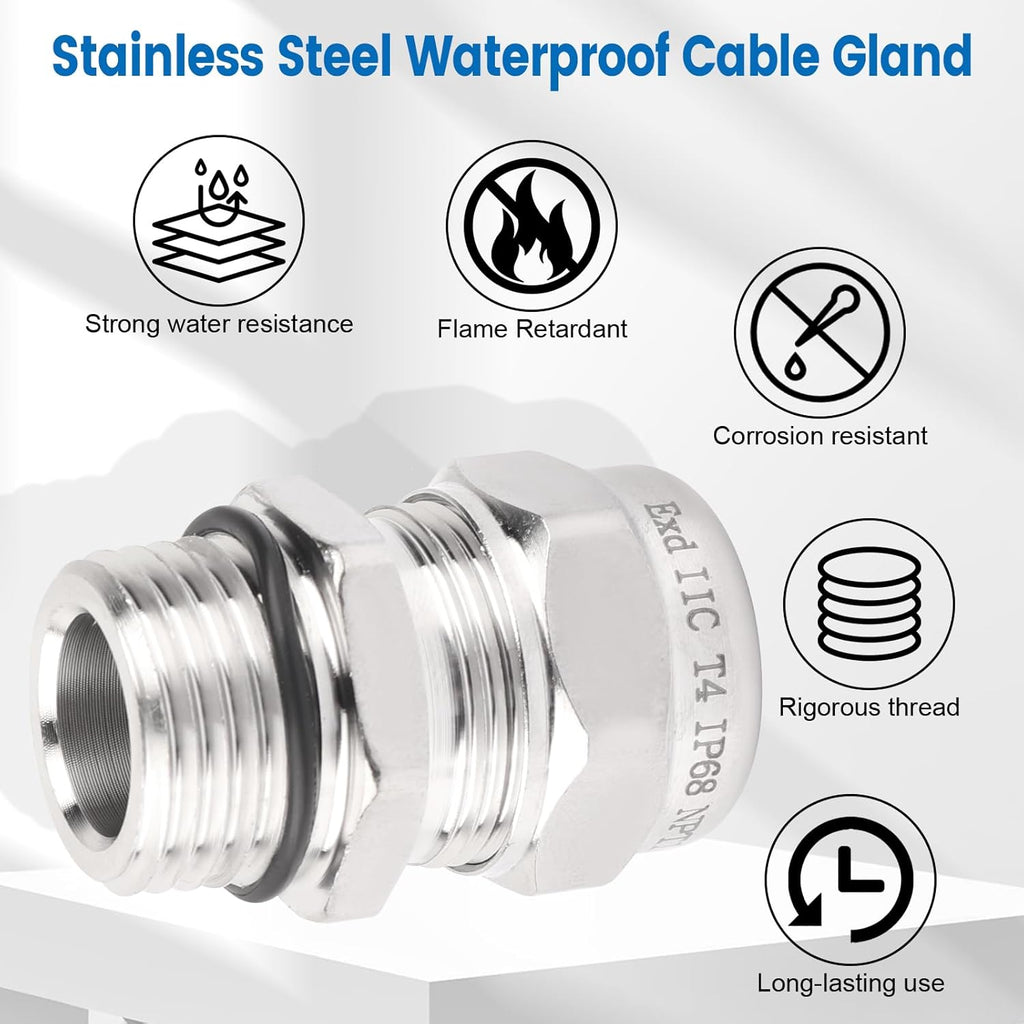 2 Pcs 1/2" NPT Stainless Steel Waterproof Cable Gland, IP68 Waterproof Adjustable Cable Glands, Strain Relief Cord Grip Connectors with Gaskets and Locknut for 6-12mm Cable Diameter