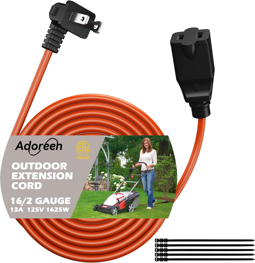 90 Degree 2 Prong Polarized Outdoor Power Extension Cord 15 FT, Angled Low-Profile Plug, 16 Gauge 125V SJTW Waterproof Long Cable for Home Office Lawnmower Garden Tools Lights, ETL+Ties-Bright Orange