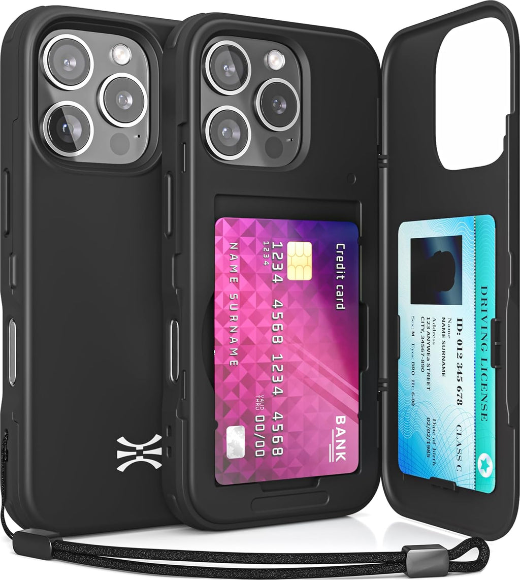 TORU CX Slim for iPhone 16 Pro Case Wallet | Protective Shockproof Heavy Duty Cover with Hidden Card Holder & Card Slot | Mirror & Wrist Strap Included - Black