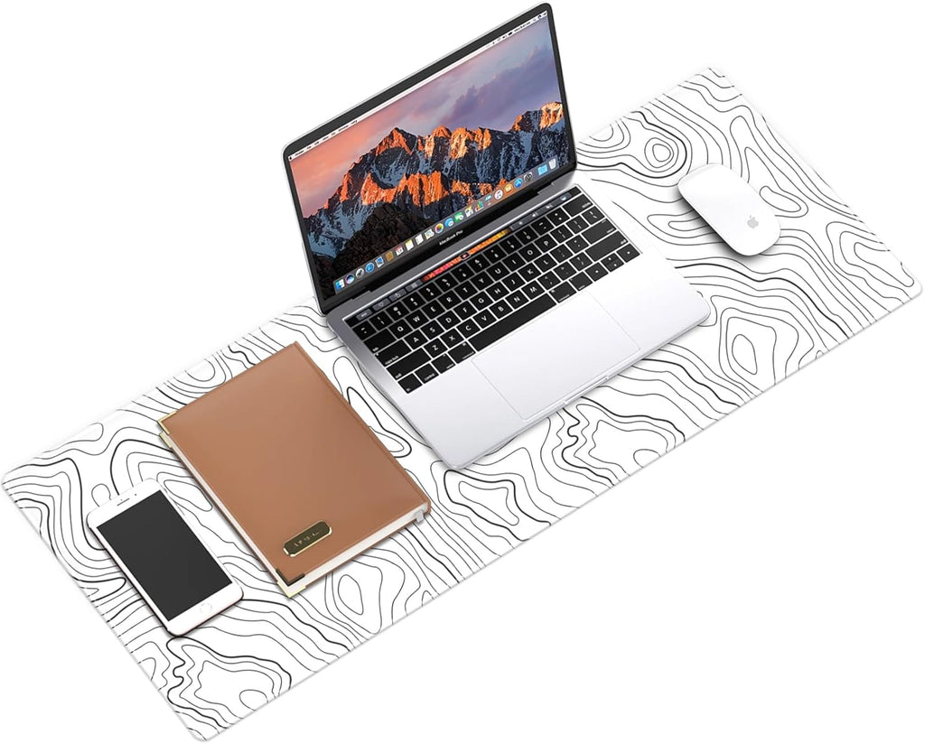 Gaming Mouse Mat Forest Background Pattern XXL XL Large Mouse Mat Long Extended Mouse Pad Desk Mat Non-Slip Rubber Mice Pads Stitched Edges Thin Pad (Topographic Map White)