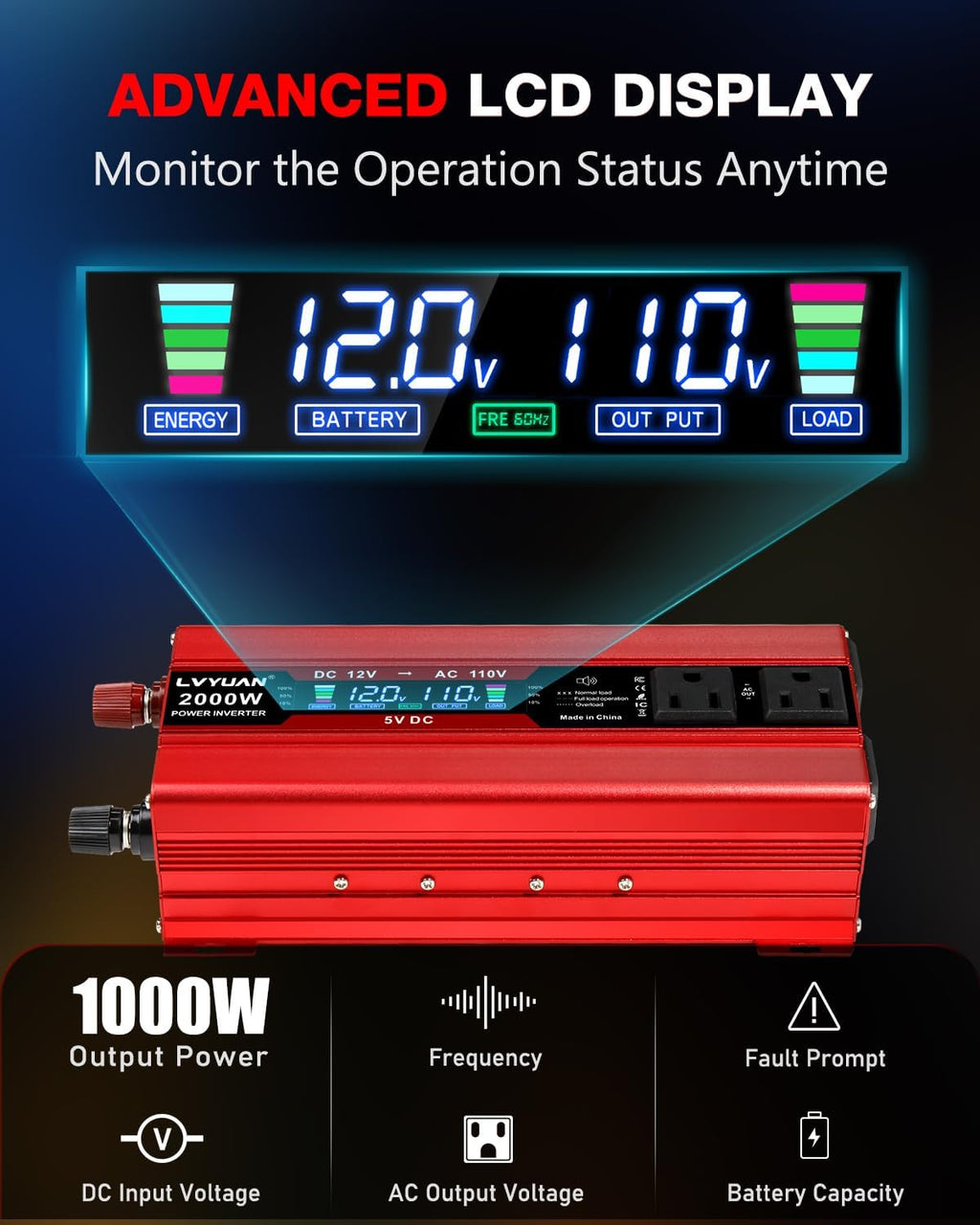 LVYUAN 1000W Car Power Inverter 12V to 110V DC to AC with 4 US Sockets, Cigarette Lighter, LCD Display, USB Ports for Car, Home,Outdoor, Camping