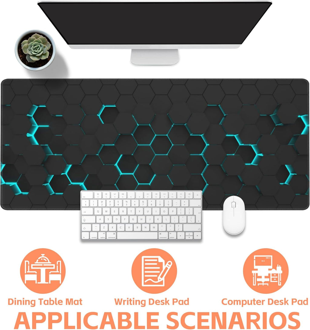 Mouse Pad Large Abstract Hexagonal Neon Non-Slip Game Desk Mat with Stitched Edge Laptop Keyboard Desk Pad for Work Home Gaming (35.4 x 15.7 Inches)
