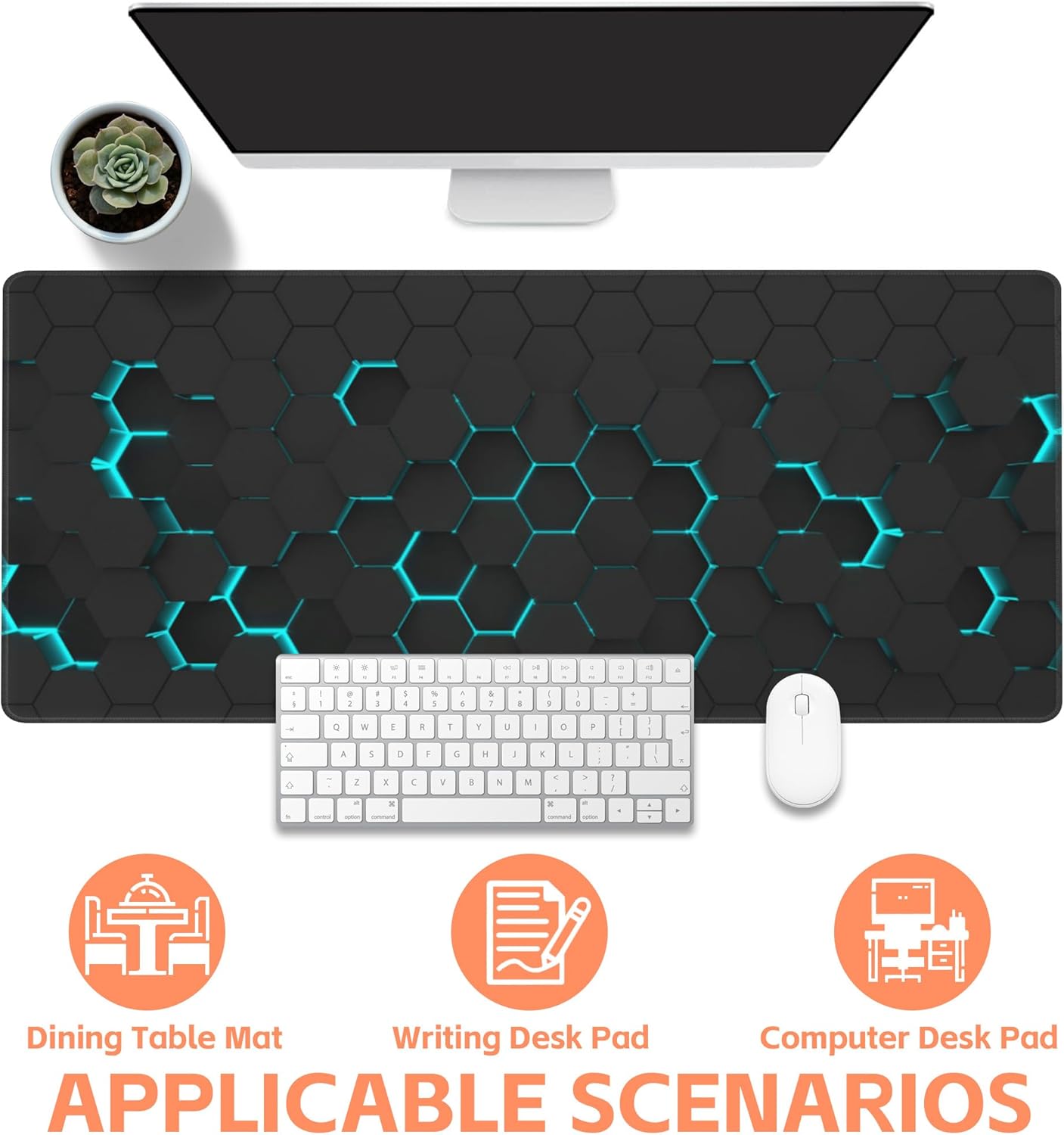 Mouse Pad Large Abstract Hexagonal Neon Non-Slip Game Desk Mat with Stitched Edge Laptop Keyboard Desk Pad for Work Home Gaming (35.4 x 15.7 Inches)