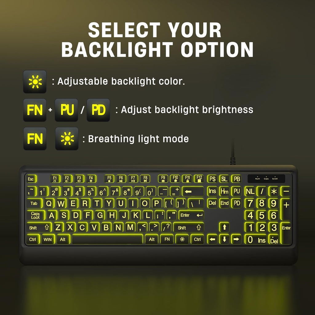 Large Print Keyboard - 7 Interchangeable Backlight Colors, Light Up USB Wired Computer Keyboards, USB Plug-and-Play, Foldable Stands, Corded Full Size Keyboard for Windows, PC, Laptop