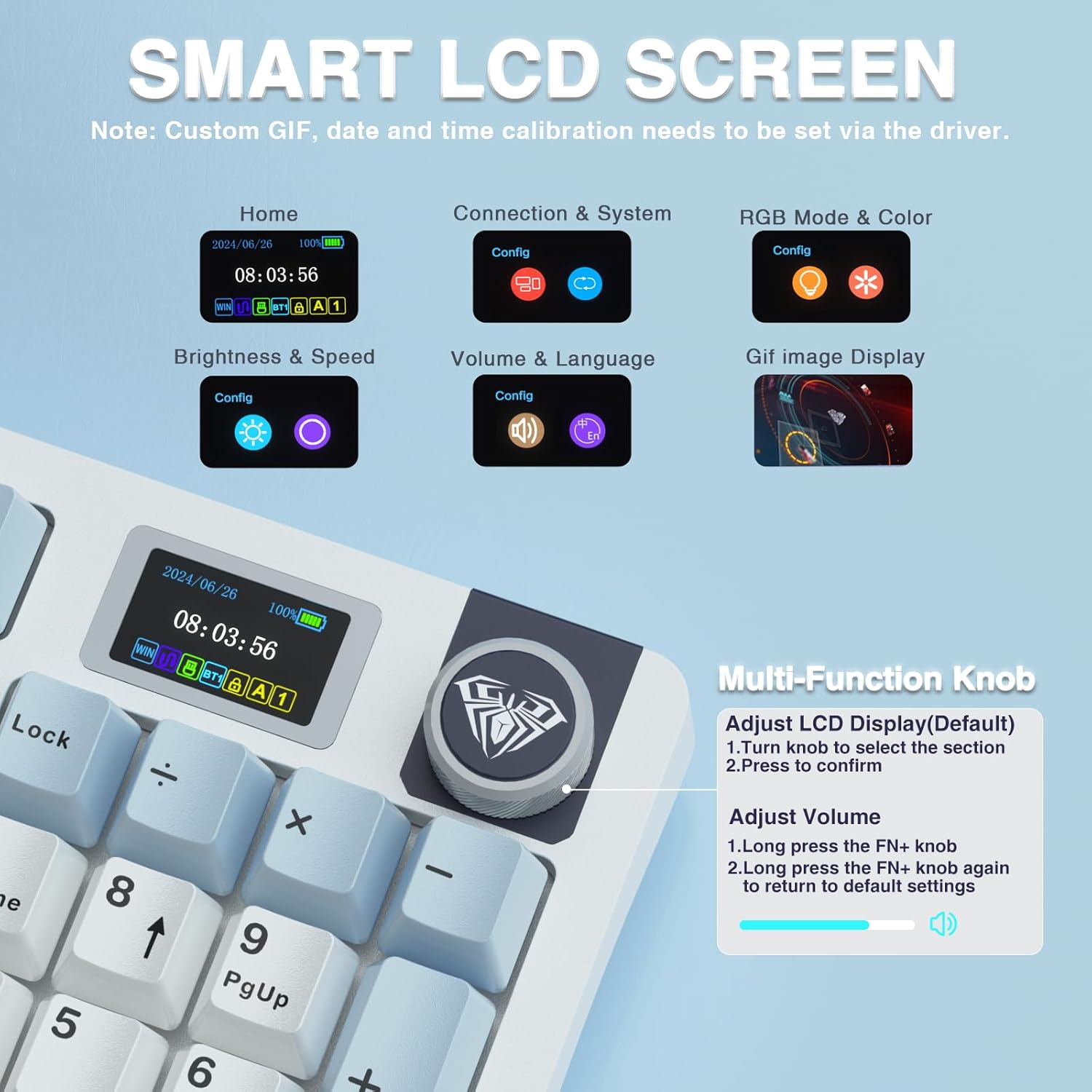 AULA S98 Pro Wireless Mechanical Keyboard,Smart Screen & Knob,Tri-Mode BT5.0/USB-C/2.4GHz Creamy Keyboard,Pre-lubed Linear Switches,Hot Swappable RGB Backlit Computer Gaming Keyboards