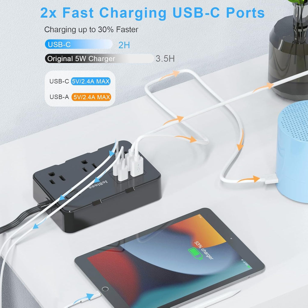 Flat Plug Power Strip Surge Protector, 5ft Ultra Thin Extension Cord with 4 USB Wall Charger(2 USB C Port), 6 Widely-Spaced Outlets Power Strip Compact for Travel, Office, Dorm Room Essentials (Black)
