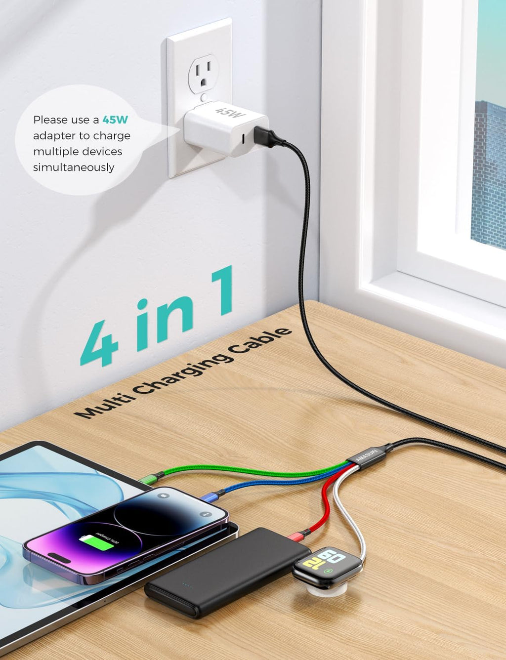 Upgraded Travel Essentials for Apple Watch Charger 4 in 1 Multi Charging Cable iWatch Charger Camping Essentials USB C/L/Micro Compatible with iWatch Series 10-1/SE/iPhone 16 15/Galaxy Android-4FT
