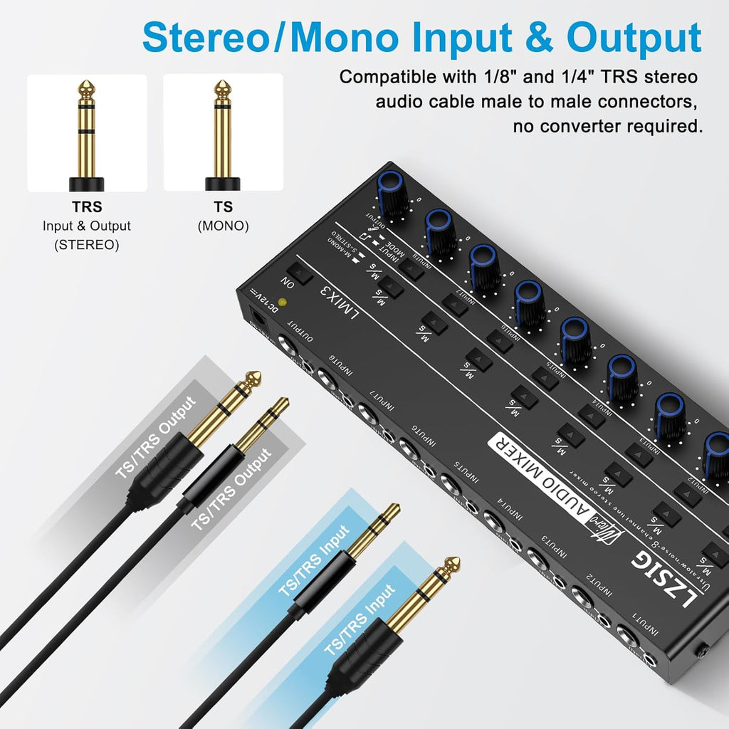 LZSIG Audio Mixer, Stereo Line Mixer for Sub-Mixing, Ultra Low-Noise, 8-Channel, Dynamic Microphone Independent Control, 1/4" & 1/8" TRS Output and Input, for Guitars,Bass,Keyboards