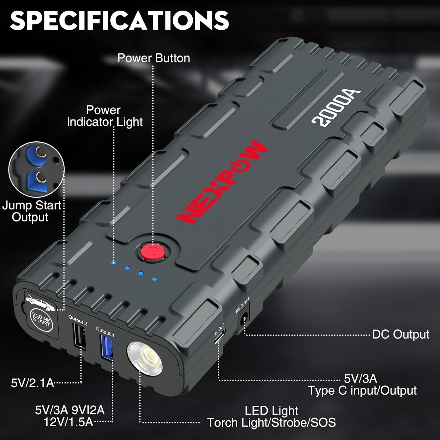 NEXPOW 2000A Peak Car Battery Jump Starter with USB Quick Charge 3.0 (Up to 7.0L Gas or 6.5L Diesel Engine), 12V Portable Jump Box, Battery Booster with Built-in LED Light, Jumper Cables