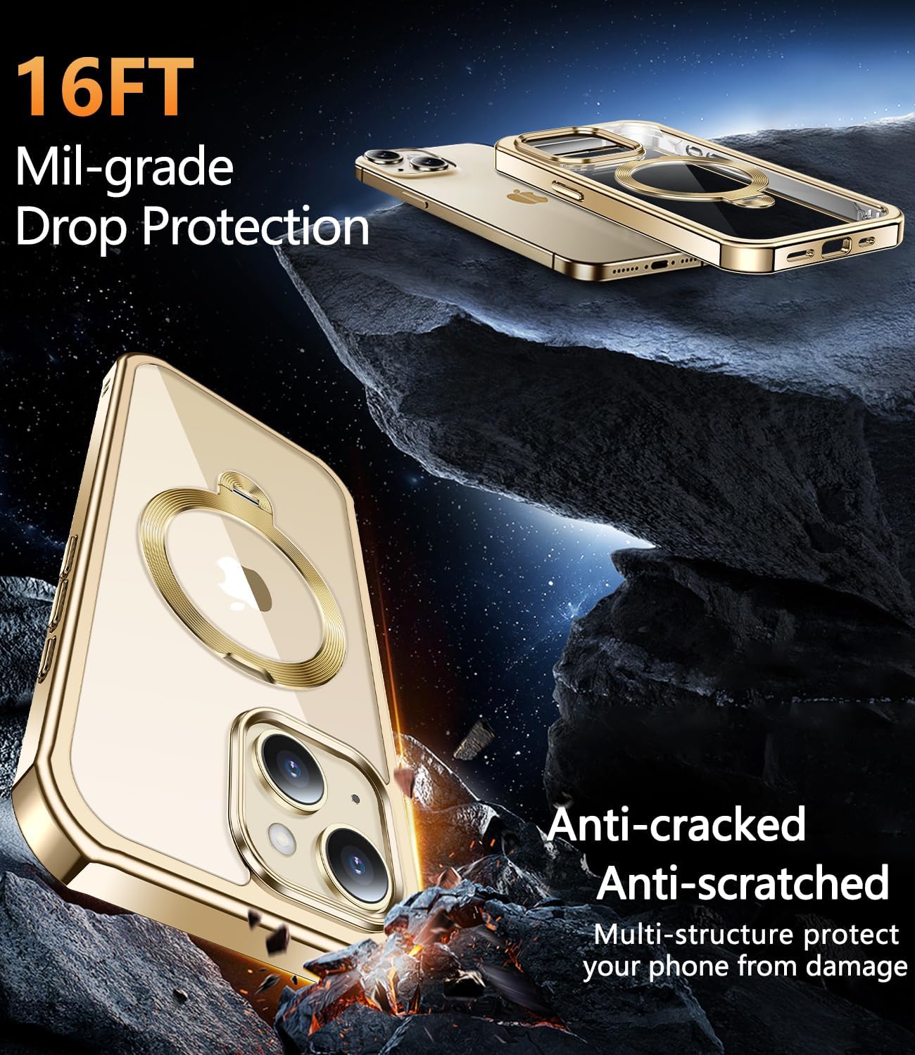 [360° Rotatable CD Stand & Built-in Privacy Screen Magnetic Case for iPhone 15 [Compatible with MagSafe & Full Signal] Mil-Grade Shockproof Full Body Anti-Spy Cover for 15-Gold