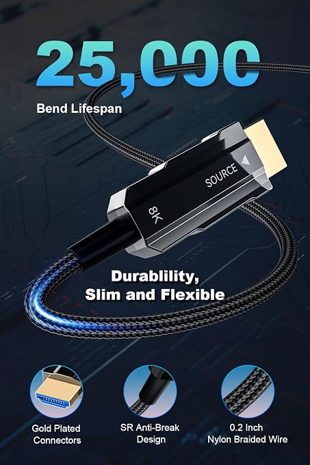 8K Long HDMI 2.1 Cable 75ft, Fiber Optic HDMI Braided Cord, High Speed Active - Image 8