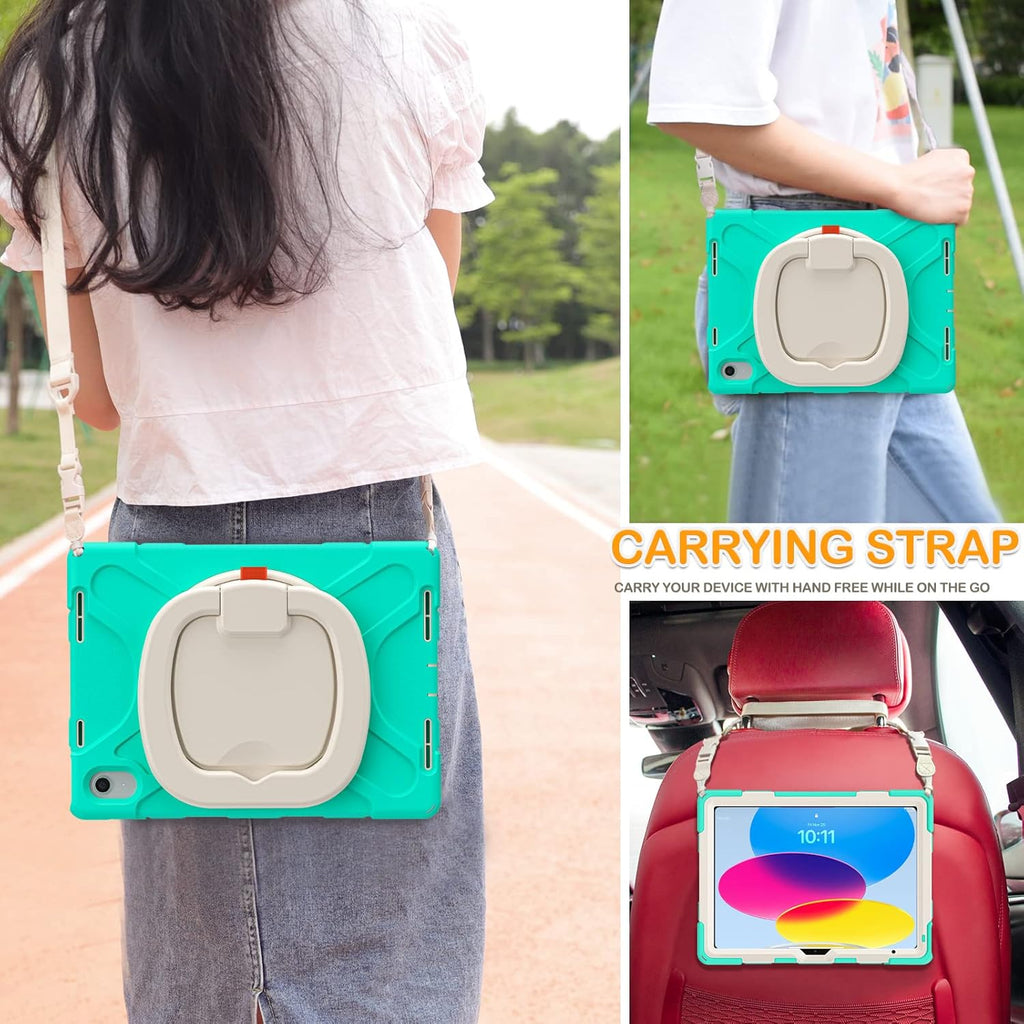 BRAECN Kids Case for iPad (A16) 11th/10th Generation 11”/10.9'' 2025/2022-Shockproof Silicone Cover w/Screen Protector/Pencil Holder/Swivel Handle Grip/Kickstand/Carrying Shoulder Strap, Mint Green