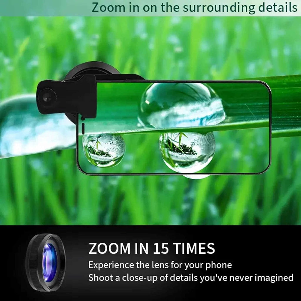 4K HD 0.45X Wide Angle Lens + 15X Macro Lens for iPhone Samsung - with Mini Selfie Ring Light, Quick Clip, Release Strap, Cleaning Cloth & Travel Case - Universal Phone Camera Lens Kit for Photography