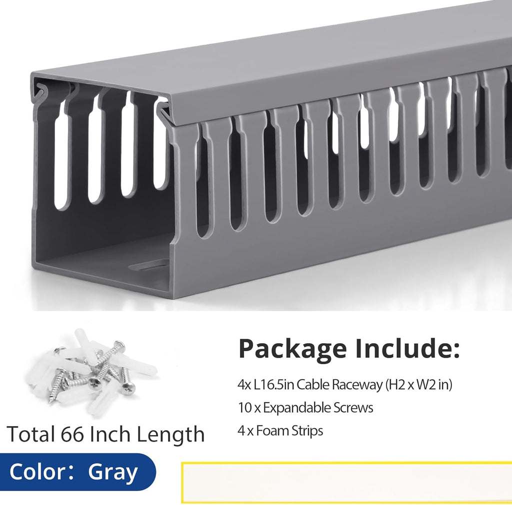 ZhiYo 66in(4X L16.5in) Professional Server Rack Cable Management Raceway, H2in x W2in Cable Raceway Kit, Electrically Safe PVC Open Slot Wire Raceway for Under Desk/Computer/Network Cords, Grey