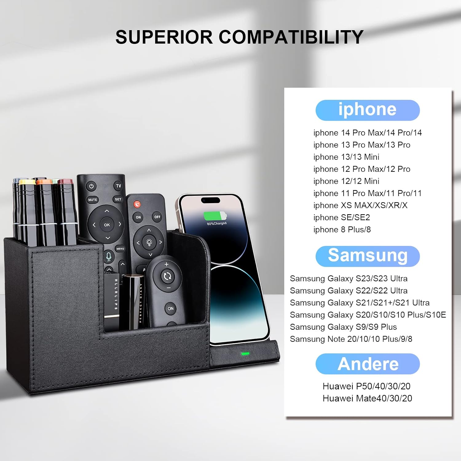Wireless Charger with Desk Organizer, Wireless Charging Station for iPhone 13/13 Pro Max/13 Pro/12 Series/11/XS Max/XR/X/8Plus/SE 2, Wireless Charging Stand with Leather… (Black L)