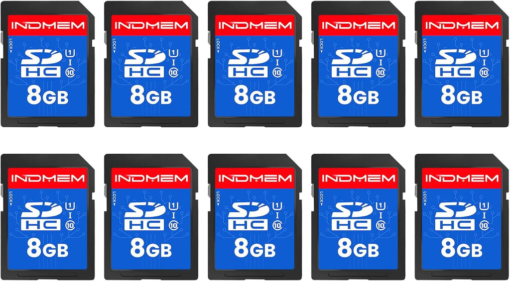 INDMEM SD Card 8GB, 10-Pack UHS-I Class 10 MLC Flash Memory Card, High-Speed Secure Digital Cards for Cameras, DSLR, Action Cams - Reliable Storage