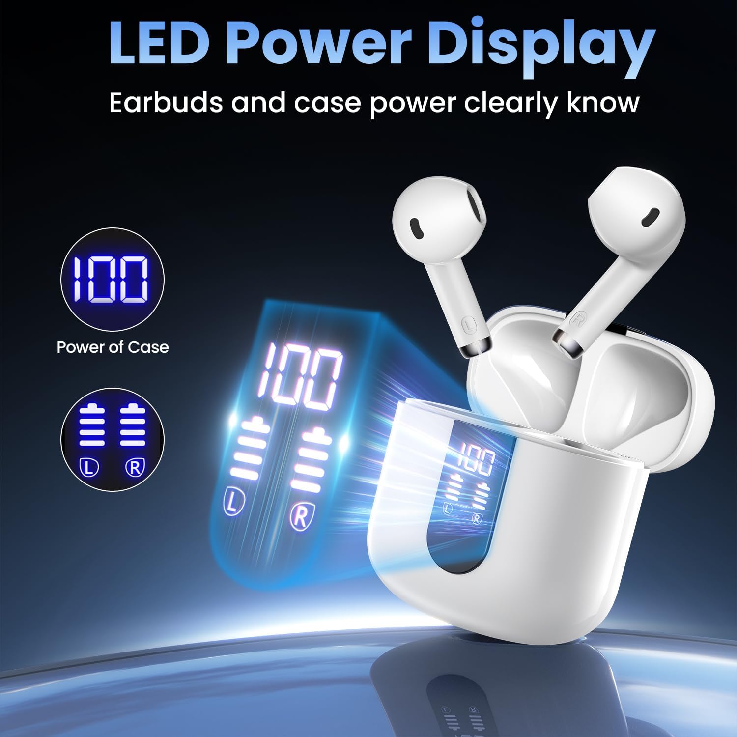 Wireless Earbuds, Bluetooth Headphones with Deep Bass Stereo, 48H Playback Ear Buds with LED Power Display Charging Case，Lightweight, IPX7, in-Ear Earphones with Mic for for Phone Tablet Laptop, White