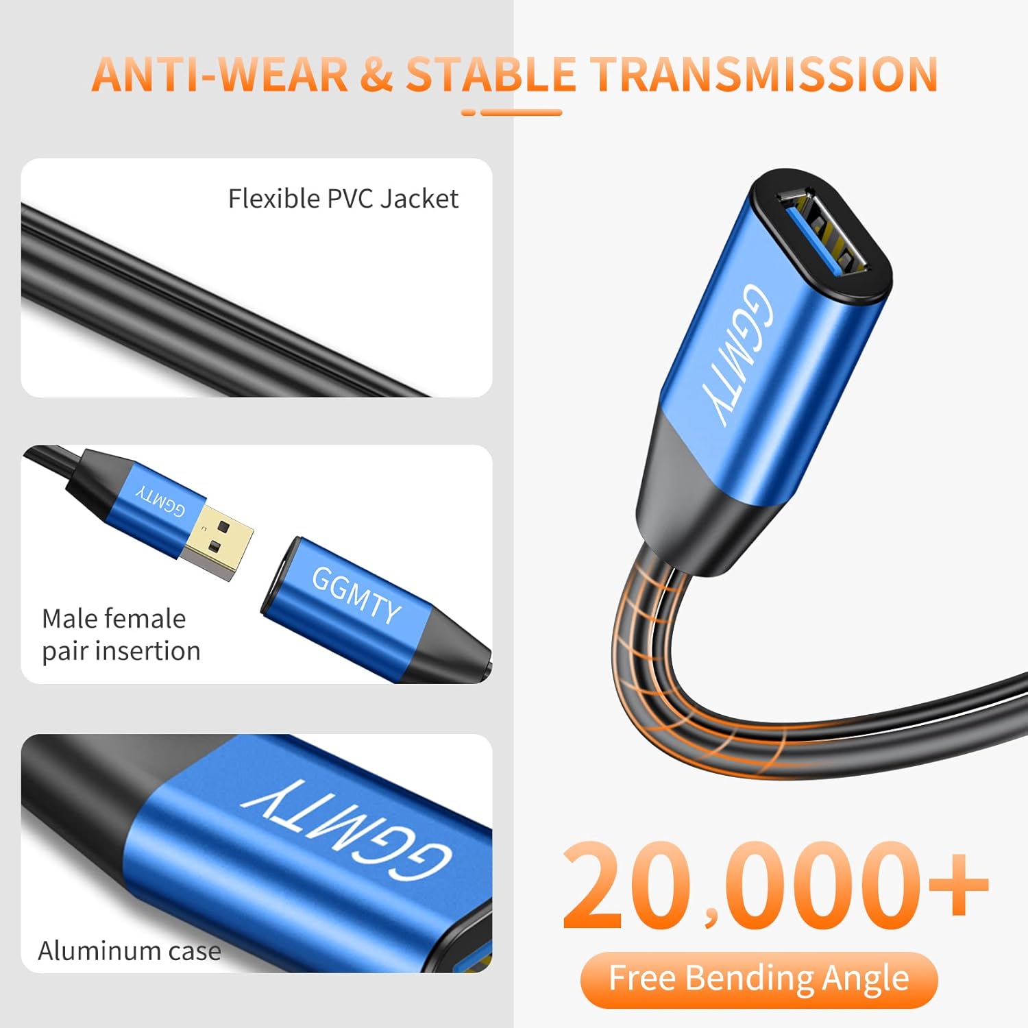 USB 2.0 Type A Male to A Female Active Repeater Extension Cable 75ft, High Speed 480 Mbps