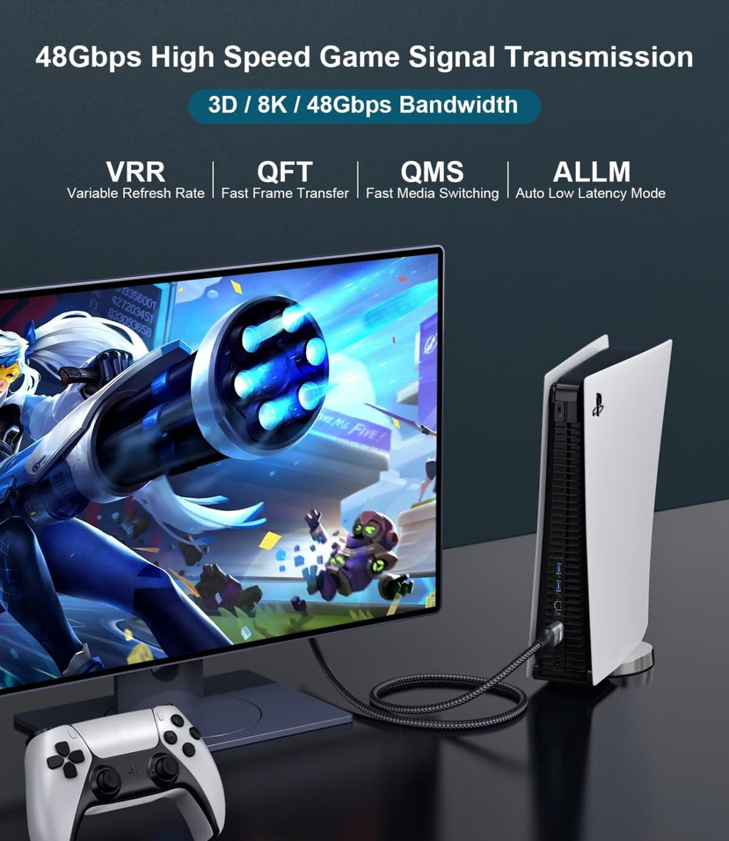 Certified 10K 8K HDMI 2.1 Cable 6.6 FT, 48Gbps Ultra High Speed HDMI Cable with Ethernet 4K 240Hz 165Hz 144Hz 120Hz 8K60Hz eARC HDCP2.3 HDR10+ PC Laptop TV Monitor Projector