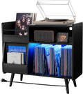 Large Record Player Stand with Sliding Door,350 Vinyl Record Storage Cabinet, Record Player Table with Power Outlet and LED Light,Turntable Stand with Wood Legs for Living Room,Bedroom,Office
