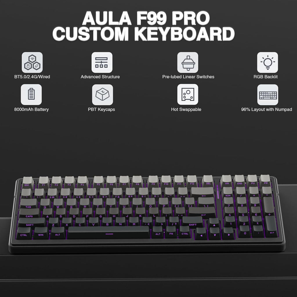AULA F99 Pro Wireless Mechanical Keyboard,Hot Swappable Custom Keyboard,RGB Backlit,Pre-lubed Linear Switches,Side Printed PBT Keycaps,2.4GHz/USB-C/BT5.0 Mechanical Gaming Keyboards