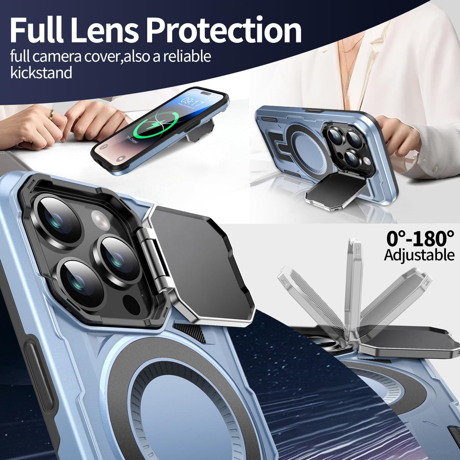Camera Stand Case for iPhone 14 Pro, [Compatible with MagSafe] [Lens Cover] 2024 Version Military Grade Protective Soft Case for iPhone 14 Pro 6.1 inch Men Women, Blue