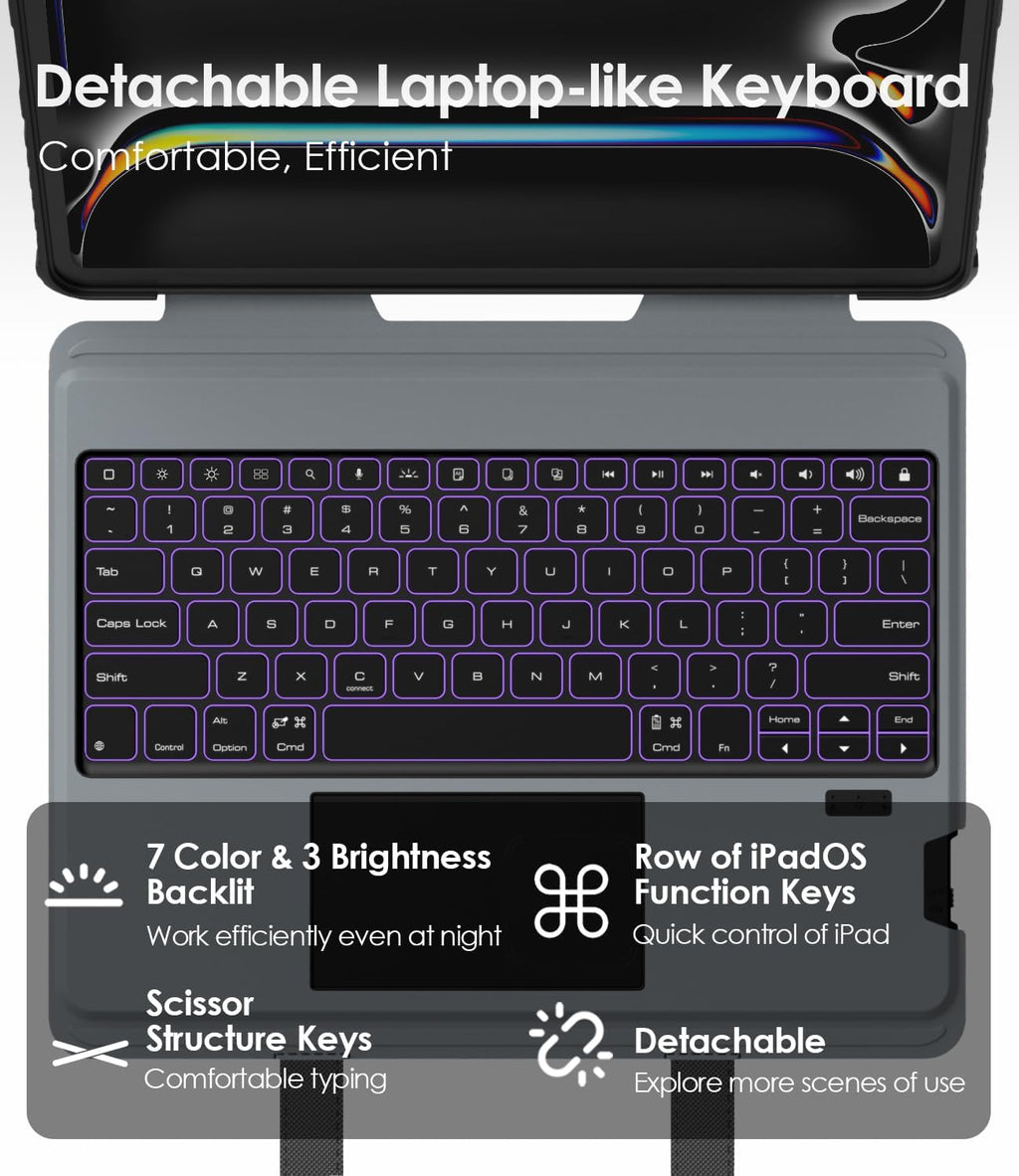 Nillkin Carry Go Keyboard Case for iPad Pro 13 inch (M4) 2024 with Handle, Rugged Case with Detachable Keyboard for iPad Pro 13, Magic Trackpad, 7 Colors Backlit, Camera Cover, Black