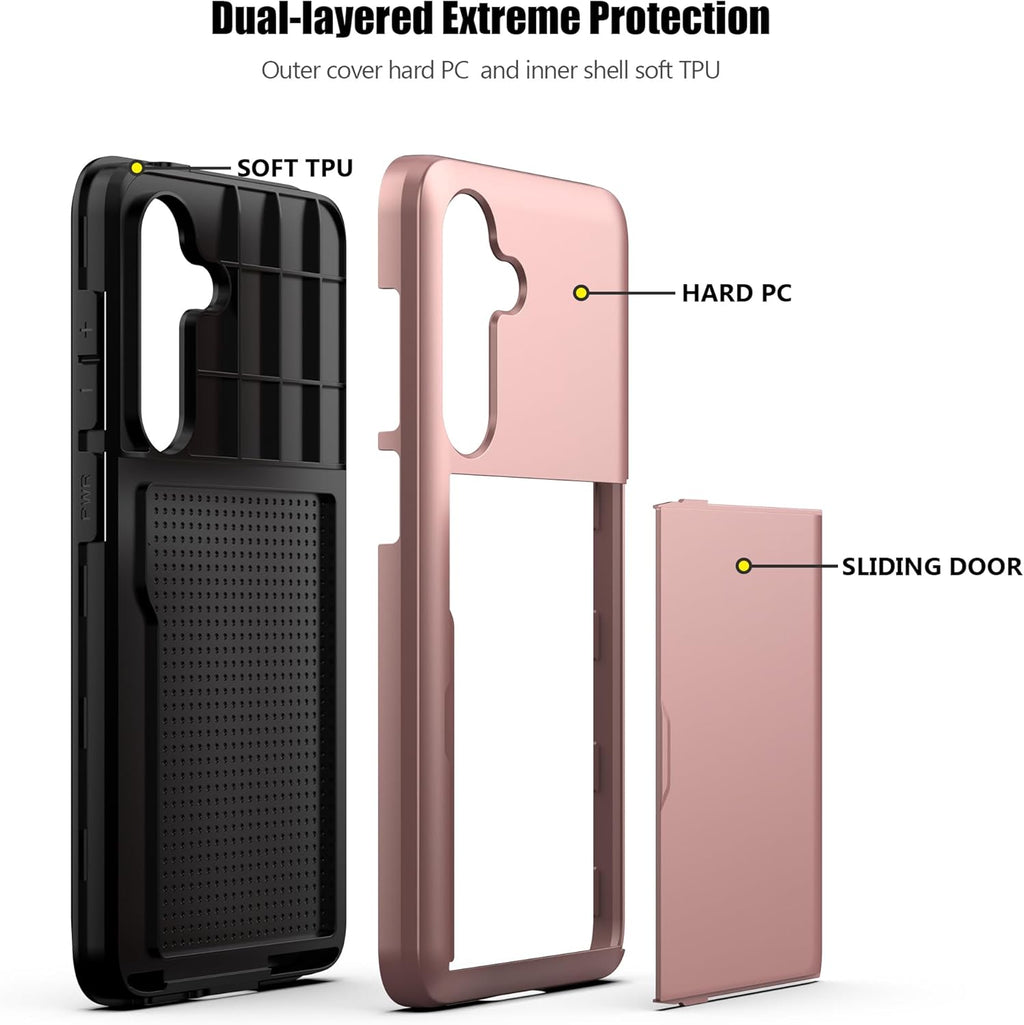 Nvollnoe for Samsung Galaxy S25 Case with Card Holder Dual Layer Heavy Duty Protective Case Hidden Card Slot Slim Wallet Cover for Samsung S25 6.2''(Rose Gold)