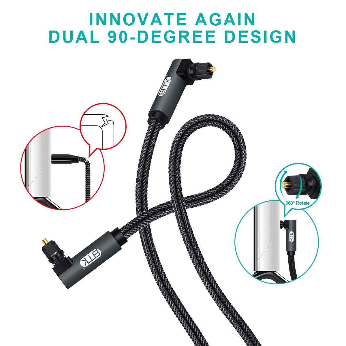 EMK 【Upgraded】 Double 90 Degree Optical Audio Cable Free-Rotating Toslink Plug Nylon Braided S/PDIF Digital Right Angle Optical Male to Male Cable for Home Theater,Sound Bar,TV(3.3ft/1m)