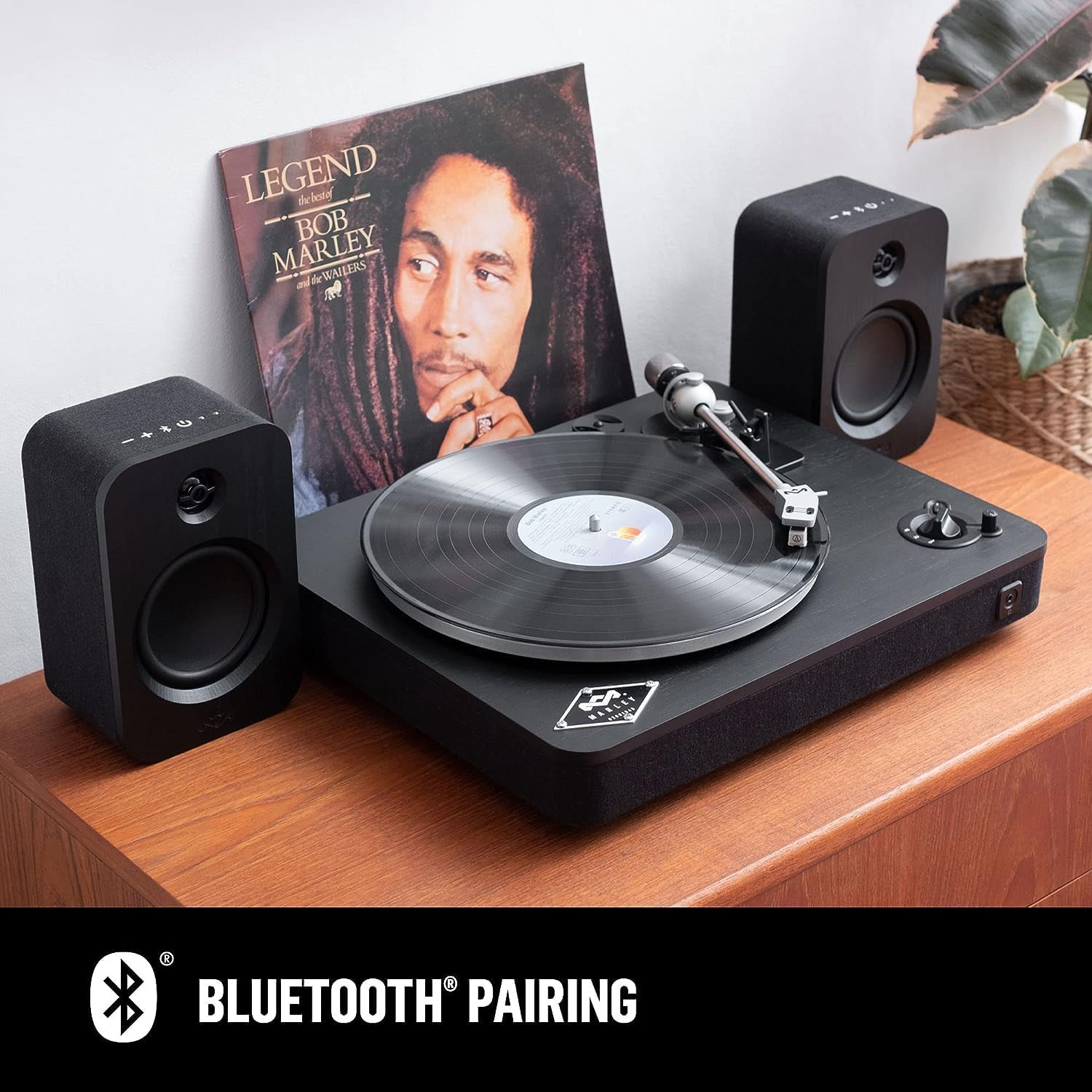 House of Marley Stir It Up Wireless Bluetooth Turntable - Sustainably Crafted Bamboo Record Player, Recycled Rewind Fabric, Superior Sound, Black