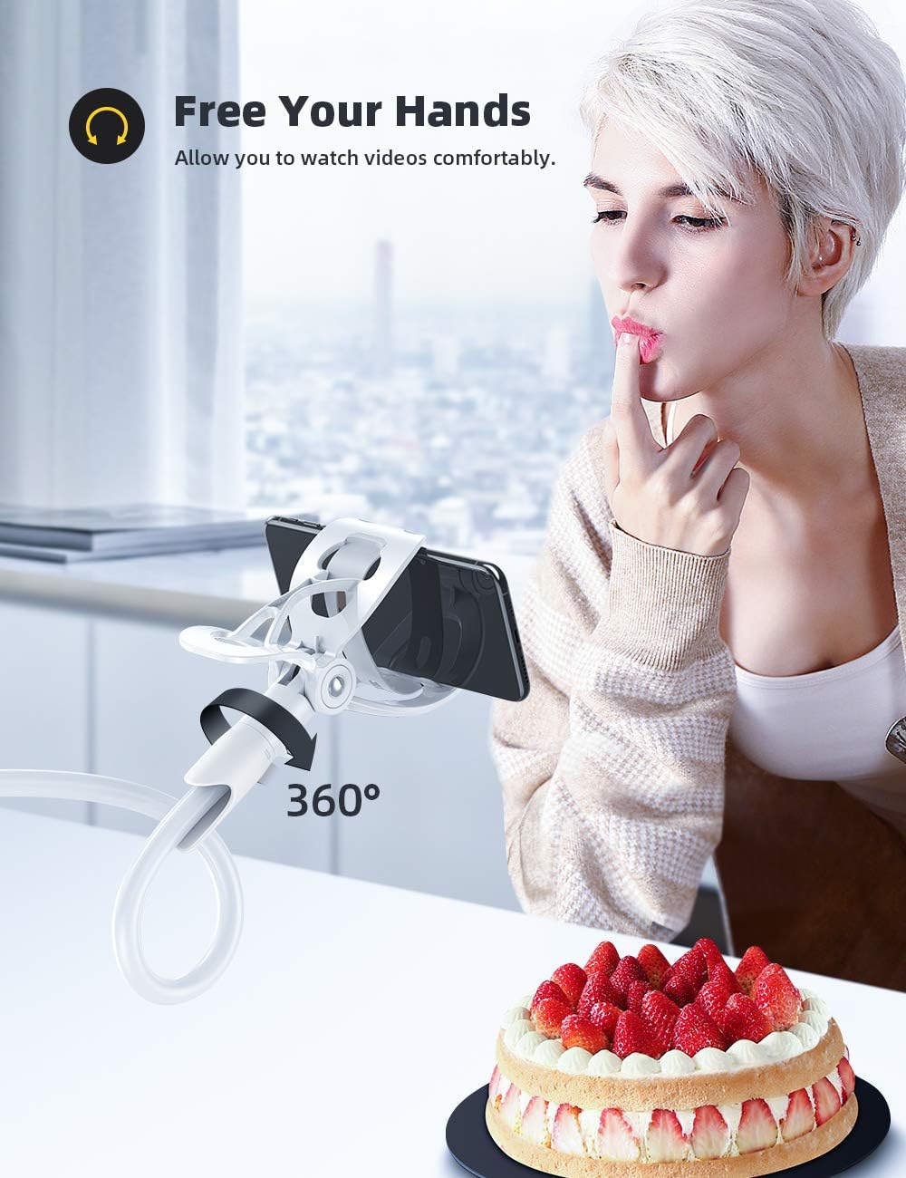 Lamicall Phone Holder, Gooseneck Mount, Compatible with 4-7'' Smartphones and Desktops, Adjustable Arm and Non-Slip Base, Easy to Install and Use