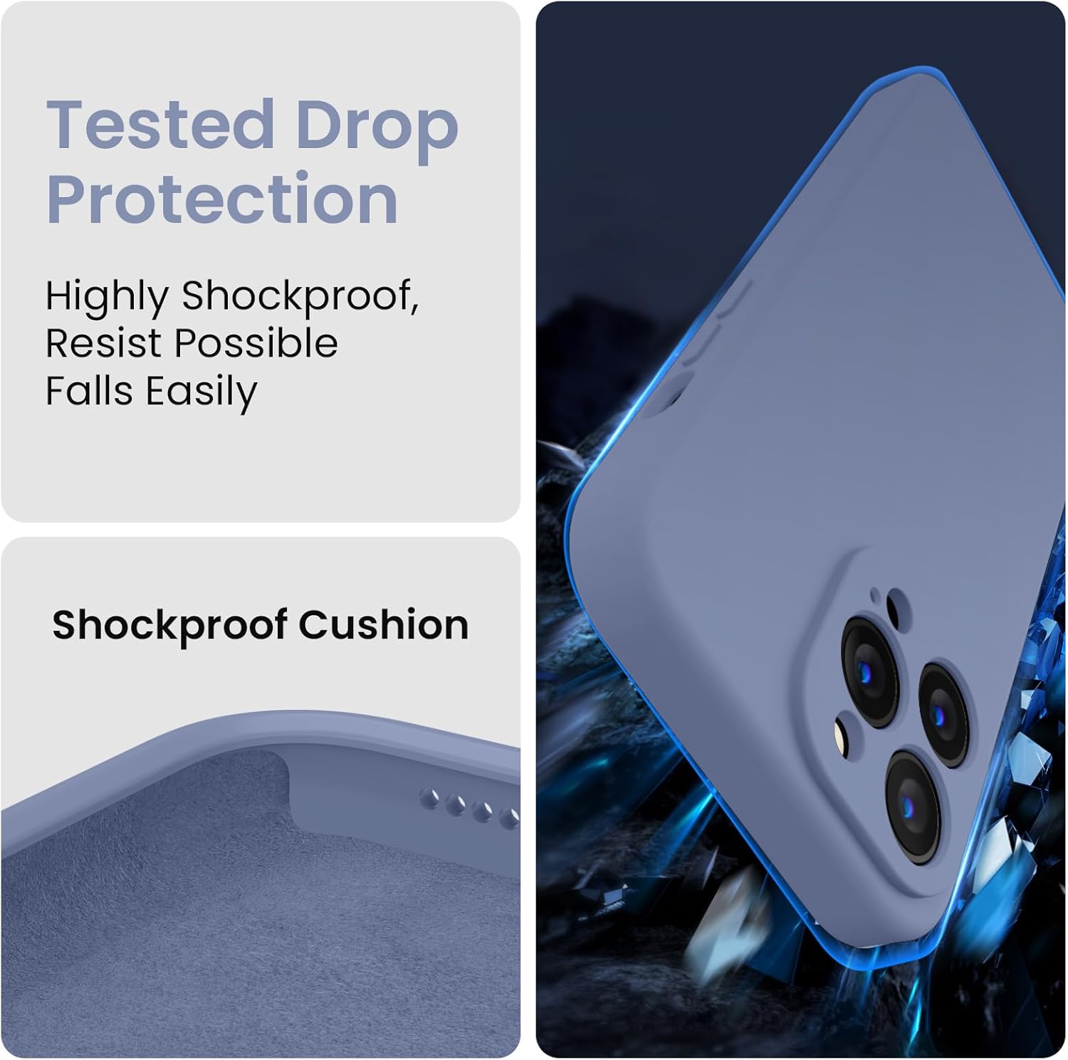 FireNova for iPhone 14 Pro Case, Silicone Upgraded [Camera Protection] Phone Case with [2 Screen Protectors], Soft Anti-Scratch Microfiber Lining Inside, 6.1 inch, Lavender Gray