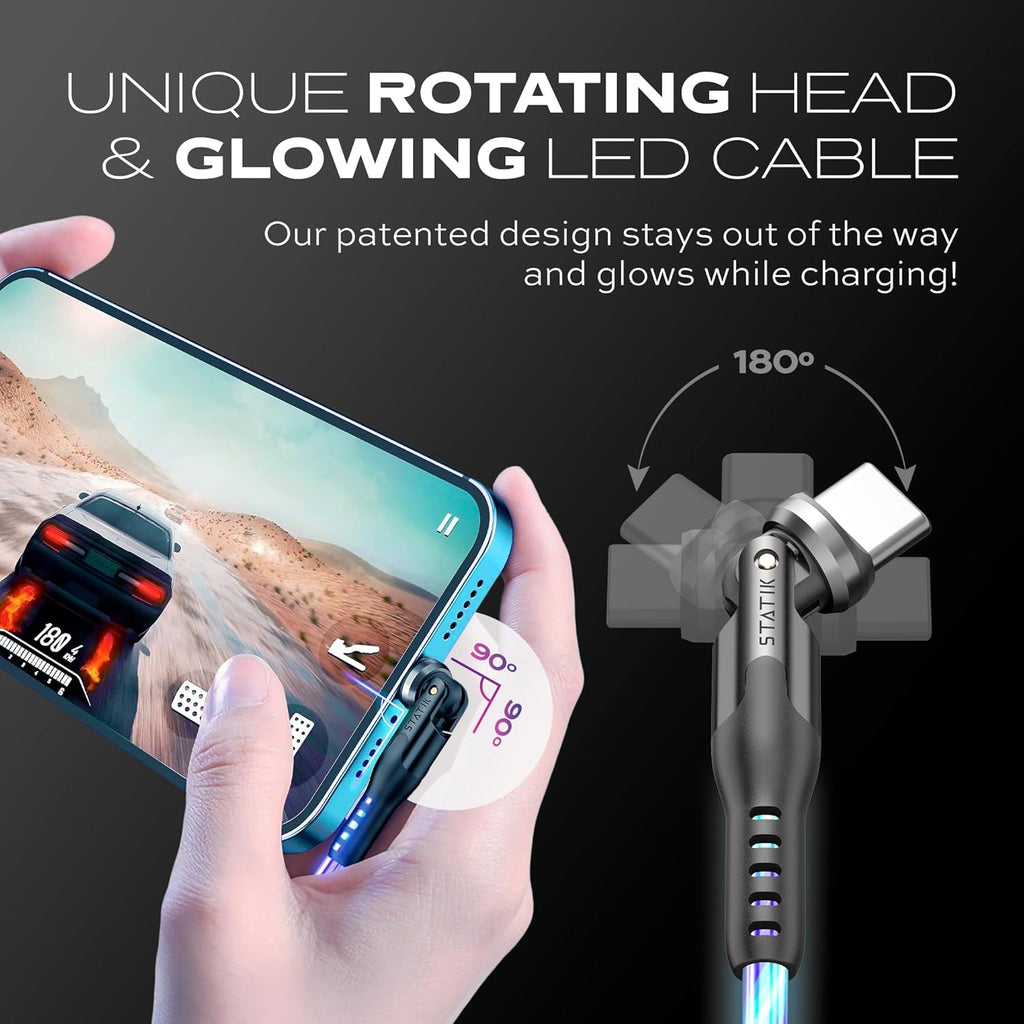 Statik 360 Pro Magnetic Charging Cable - Type C Charger Fast Charging 3 in 1 USB C to USB C Cable, Micro USB & iProduct Tips, USB A Adapter, Fits All Devices - 100W Fast Charger, GloBright 6FT/2M