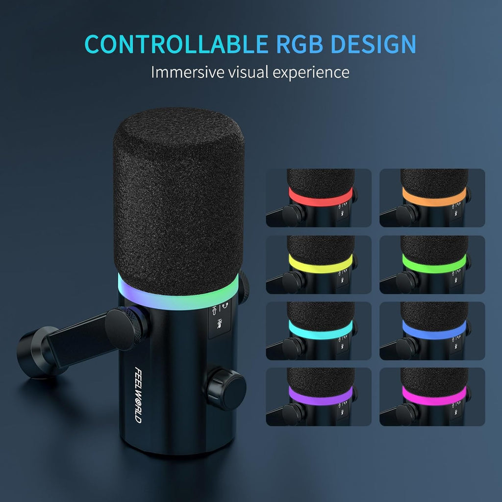 FEELWORLD PM1 XLR USB Dynamic Microphone with Desktop Stand Gifts for Podcast Recording PC Computer Gaming Live Streaming Vocal Voice-Over, Studio Metal Mic, RGB Light, Mute Button, Headphones Jack