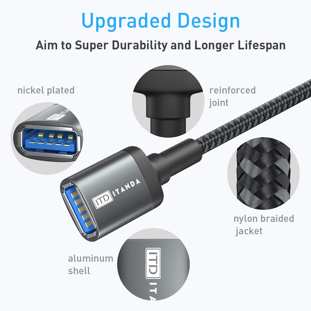 ITD ITANDA 6FT USB Extension Cable USB 3.0 Extension Cord Type A Male to Female 5Gbps Data Transfer for Keyboard, Mouse, PlayStation, Xbox, Flash Drive, Printer, Camera and More, Grey